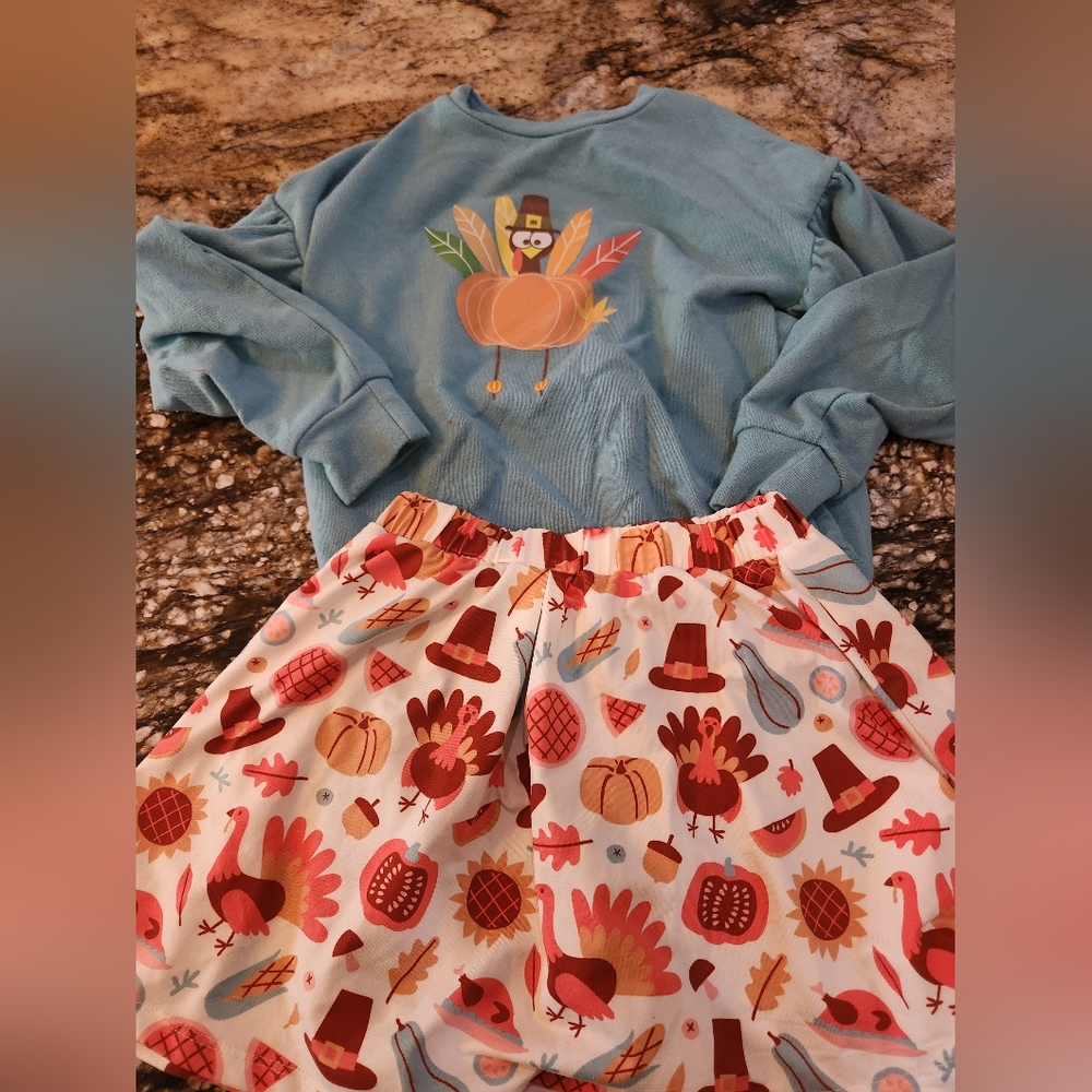 Kids Thanksgiving Turkey Skirt Set - Blue and Multicolor